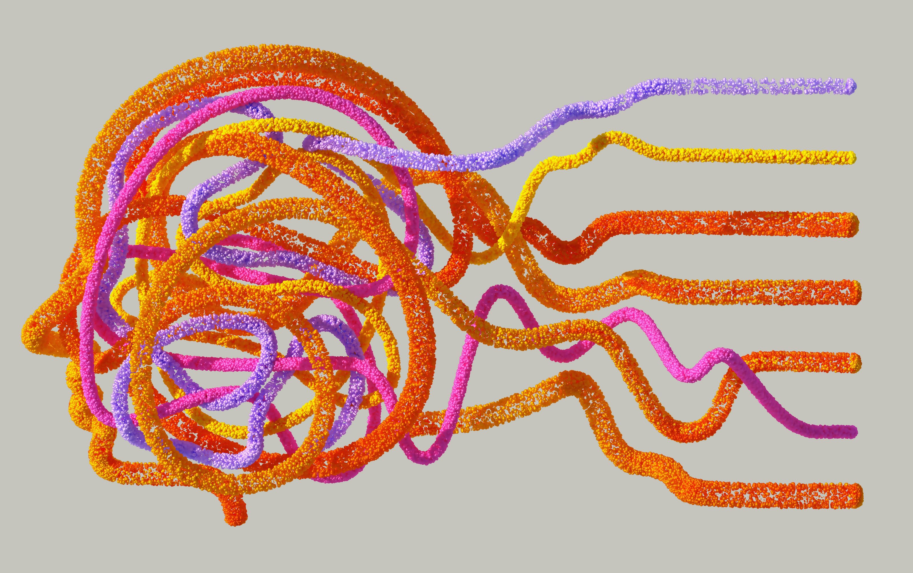 Colorful abstract representation of AI neural networks in the shape of a human head with data streams